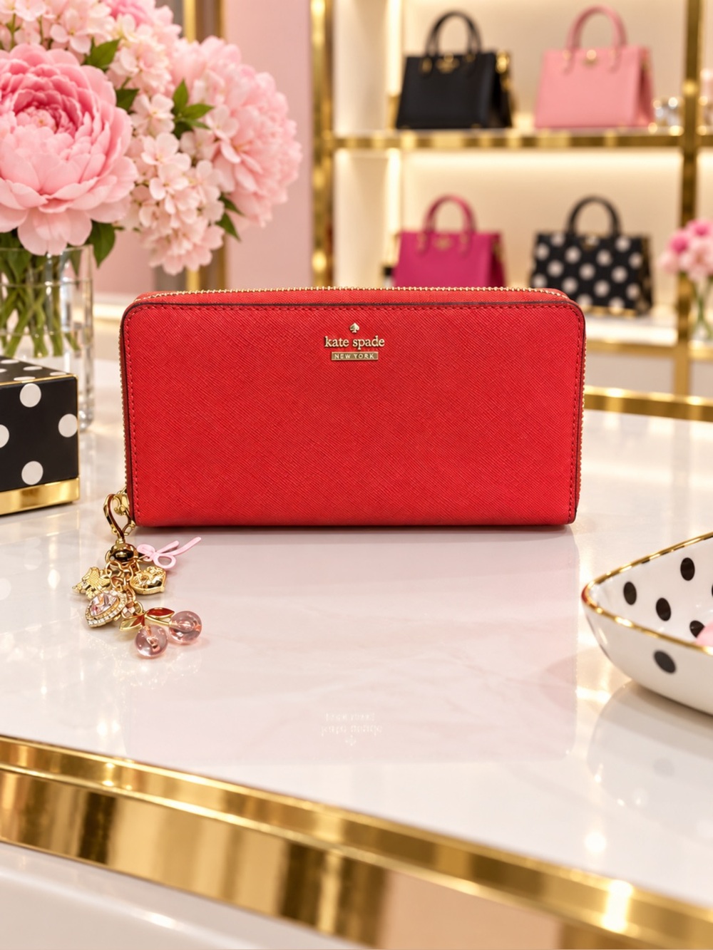 kate spade Red Zip-Around Saffiano Wallet with Charm Accent